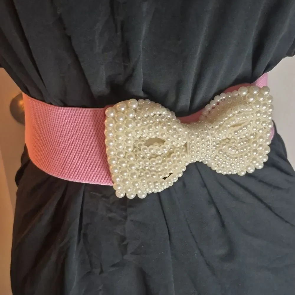 ♡♡♡Faux Pearl Large Bow Wide Stretch Dress Belt Cream Pink Party CLub Wear